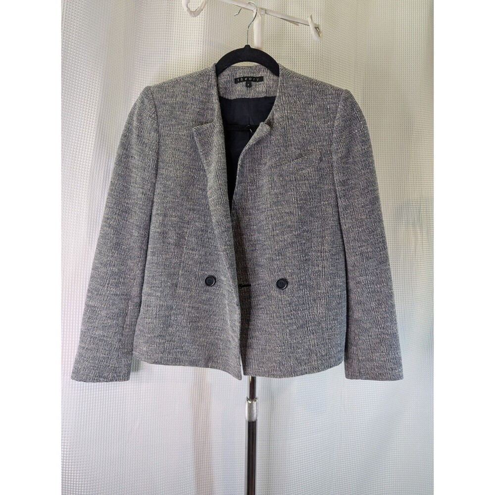 Theory Womens Jacket Size 0 Blue Gray Tweed Blazer Button Double Breasted (M11)